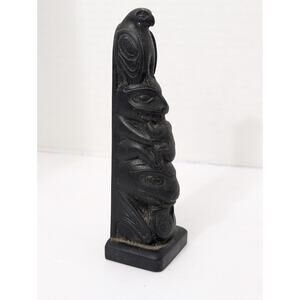Vintage Totem Pole Figurine Black Resin Stone Eagle Bear Frog Sculpture Canada